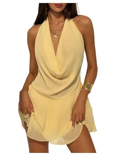 SOLY HUX Women's Halter Mini Dress Deep V Neck Draped Ruffle Hem Backless Sleeveless Party Dresses