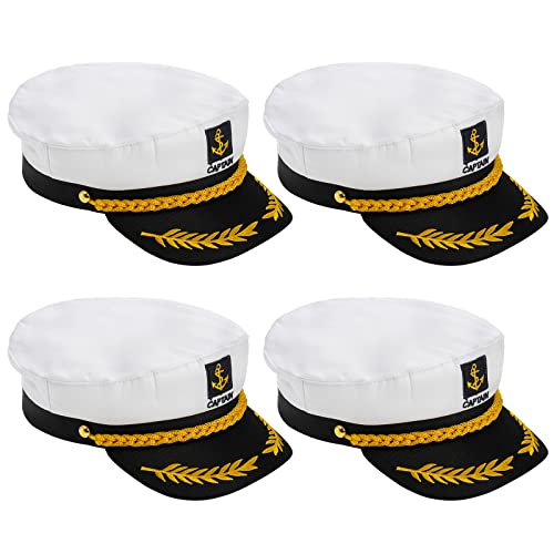 Mezchi 4 Pack White Yacht Captain Costume Hat, Adjustable Boat Sailor Hat, Navy Marine Admiral Cap...