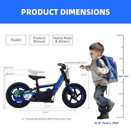 Image of OLALA Electric Dirt Bike for Kids Aged 3-6, 170W Racing Grade Electric Motorcycle, New Aluminum Frame with 2 Power Modes, 24V Detachable Battery, 12IN Knobby Tires