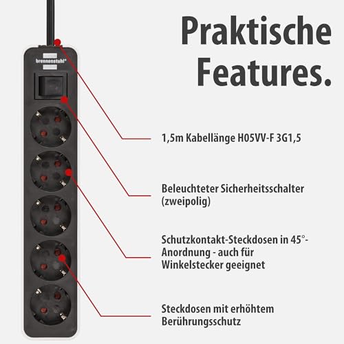 Brennenstuhl Ecolor Steckdosenleiste 5-Fach (Mehrfachsteckdose mit Schalter und 1,5m Kabel) schwarz/weiß