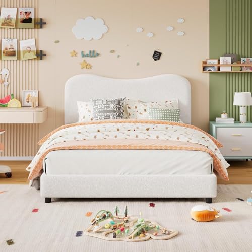 GarveeHome Twin Bed Frame for Kids with Velvet Upholstered Headboard, Cute Low Profile Platform Bed for Girls and Boys, No Box Spring Needed, Strong Wooden Slats, Noise Free, Easy Assembly, White