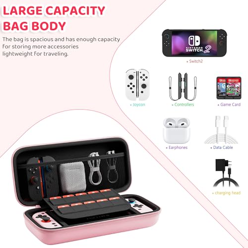 Funda rosa para Nintendo Switch 2 de viaje rígida con protector de pantalla de cristal 5