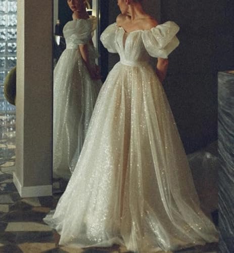 WDBFY Glitter Tulle Puffy Sleeves Prom Dresses Long Princess Gowns for Bride Wedding Party Dresses2