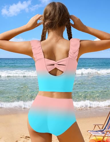 Image of Girls Tankini Swimsuit 2 Piece Bathing Suit Twist Cross Back Cutout Swim Tank Top Floral Print Swimwear for 7-18Y