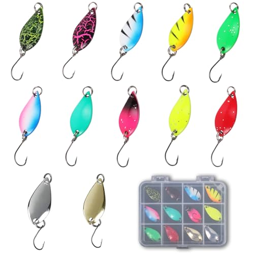 XMYCYuChen 12Pcs Unique Trout Fishing Spoon Set Vivid Metal Baits Single Hook Noctilucent Spinner Fishing Lure Set with Plastic Box for Trout, Mandarin Fish and Bass