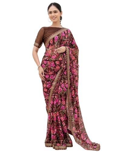 Image of SIRIL Women's Chiffon Printed Saree With Unstitched Blouse Piece