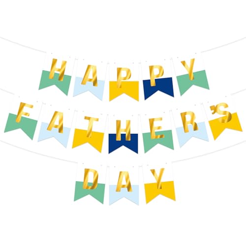 Image of Happy Father's Day Glitter Black Beer Bunting Banner for Dad Father's Party Decorations Backdrop Garland for Father's Day (White Blue Yellow Double)