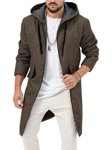 Image of ZIWOCH Mens Trench Coat Wool Blend Hoodie Long Jacket Full Zip Winter Classic Business Overcoat