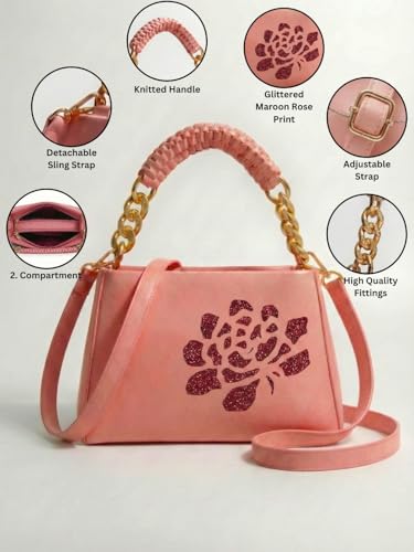 Image of LIKE STYLE Women's PU Sling Bag with Gold Glitter Floral Print | Dual Compartment Crossbody & Shoulder Bag with Braided Handle | Stylish Zip Closure Handbag for Office & Daily Use | Durable Material