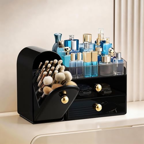 Image of HBlife Makeup Organizer Countertop with Drawers, Cologne Organizer for Men, Vanity Organizers with Brush Holder, Bathroom Countertop Organizer Skin Care Storage, Gift for Dad Husband, Black and Gold