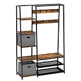 Rolanstar Hall Tree with Storage Bench, 5-in-1 Entryway Shelf with Coat Rack, 70.8' Coat Stand with 5 Side Shelves, 2 Foldable Storage Cubes, 9 Hooks and Shoe Bench Rustic Brown
