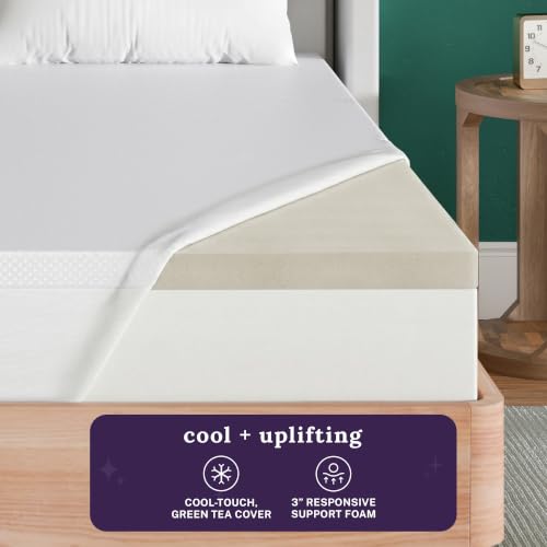 Image of Sleep Innovations 3 Inch Support Foam Mattress Topper with Green Tea-Infused Cool-Touch Cover, Queen, Medium Firm Feel, Pressure Relief, for All Sleep Positions