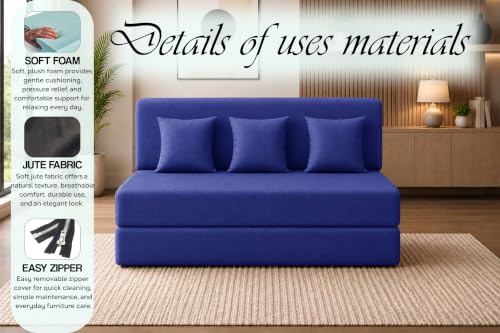 Image of Sofa Cum Bed with Jute Fabric, Convertible Three Seater Sofa Bed 5x6 Ft, Comfortable Cushioned Seating, Space Saving Design for Living Room, Bedroom & Guest Room - Blue Color
