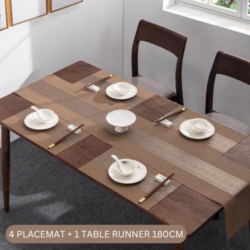 Image of Dining Table Placemats & Runner Set - Heat Resistant, Washable & Stain Resistant Woven Vinyl Mats | Table Runner & 4 Placemats Set for Stylish Dining (45x30 cm Placemats, 180x30 cm Runner)