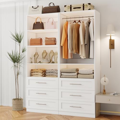 Image of Closet System with 6 Drawers, Wood Closet Organizer System, Walk-in Closet or Small Closet System with Shelves, Modular Closet Systems with 3 Expandable Hanging Rods, 2 Sets, White (4FT)
