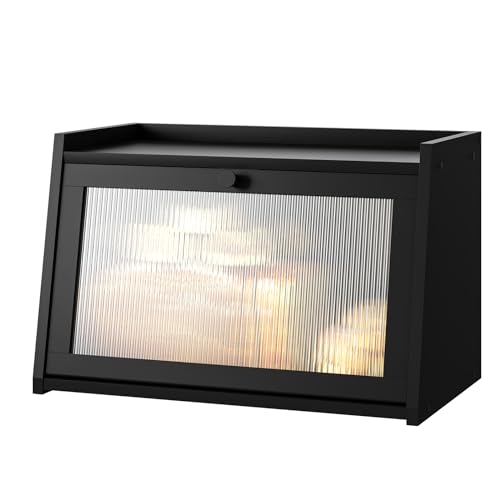 kiplant Bread Box for Kitchen Counter, Large Bamboo Bread Storage Container with Wavy Arcylic Door, Bamboo Wooden Farmhouse Bread Box for Your House (Black, Medium)