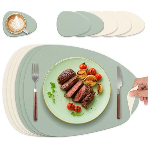HELI MIAO Tischsets Abwaschbar 6er Set - Doppelseitige Platzsets & Untersetzer aus Lederoptik, rutschfeste & wasserdichte Tischunterlage für Esstisch und Familie - Oval in Salbeigrün+Cremebeige