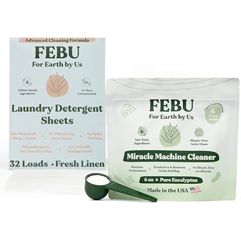 FEBU Laundry Bundle | Laundry Detergent Sheets 32 Loads, Fresh Linen | Miracle Machine Cleaner 6oz | Zero Waste Laundry Soap Sheets | Washing Machine & Dishwasher Cleaner and Deodorizer Cover