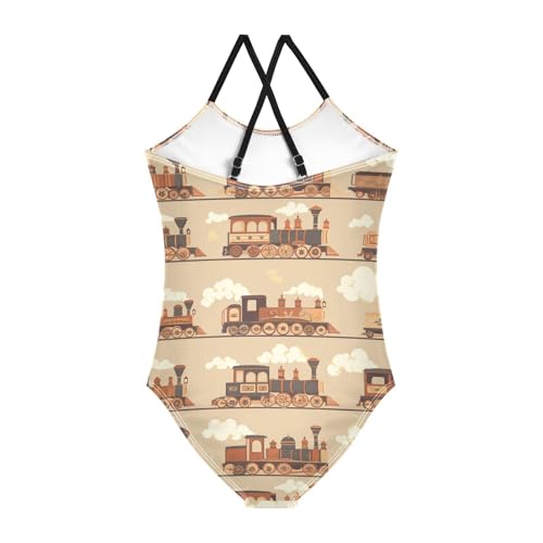 KLL Funny Steam Train Bronze Girls 1 Piece Swimsuit Beach Swimwear with Adjustable Straps Quick-Dry2