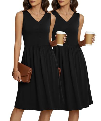Image of NILOUFO Sleeveless Dress for Women Summer Knee Length Sundress with Pockets | Sundresses for Women Tank Empire Waist Sun Dress Cold Shoulder Casual V Neck Midi Dress Flowy Summer Dresses for Women