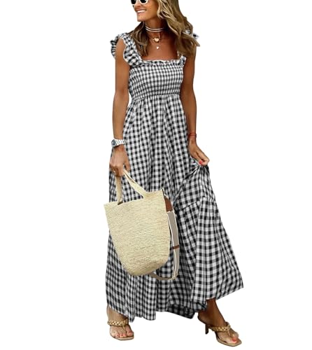 Image of chouyatou Women's Retro Plaid Smocked Dress Spaghetti Strap Flounce Long Dress