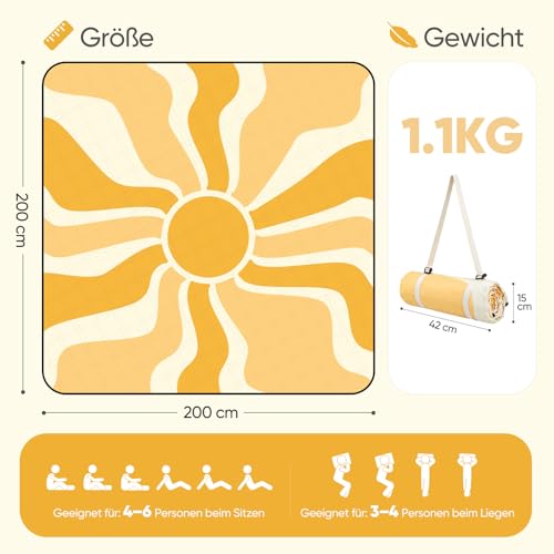 Sekey Picknickdecke Wasserdicht 200x200 cm, Stranddecke Sandfrei | Gepolstert, Dreischichtige Struktur, PEVA-Wasserfestboden, Bindegurt-Trageriemen, geeignet für Picknick, Camping, Strand
