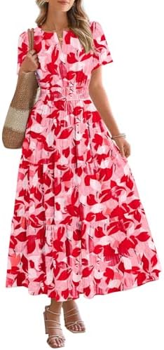 BTFBM Womens Summer Floral Maxi Dresses V Neck Short Sleeve Boho Casual Flowy Long Wedding Guest Dress Beach Vacation