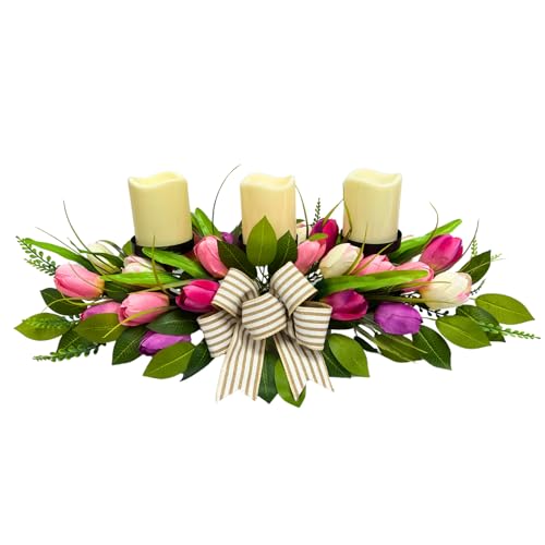 Svndlyn Spring Summer Candle Holder Centerpiece for Table,Artificial Tulip Flowers