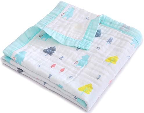 Jay & Ava Baby Muslin Blanket, Soft Toddler Cotton Blanket for Boy, 4 Layers Bed Throws for Baby Crib, Multicolor Printed Summer Quilt for Baby, Large 42” x 42” (Green Bear Forest)