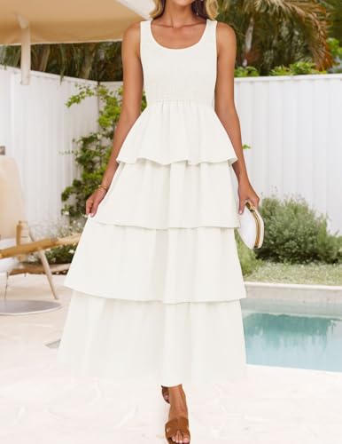 ZESICA Women's 2025 Summer Boho Sleeveless Midi Dress Scoop Neck Ruffle Tiered Layered Swing Long Beach Vacation Dresses3