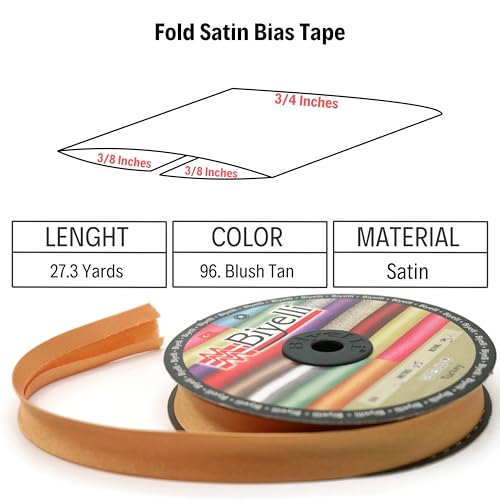 Image of Fold Satin Bias Tape - 99+ Colors - 3 /4 Inches Wide - 27 Yards - Fold Satin Binding Bias Ribbon Fabric Piping Bias Binding Tape for Sewing Clothing DIY (96. Blush Tan) BYS96