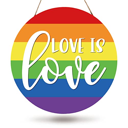 Whaline Rainbow Wooden Hanging Sign Gay Pride Love is Love Door Sign Decoration LGBTQ Wood Wreath Sign Door Hanger for Pride Parade Day Indoor Outdoor Home Office Shop Bakery Farmhouse