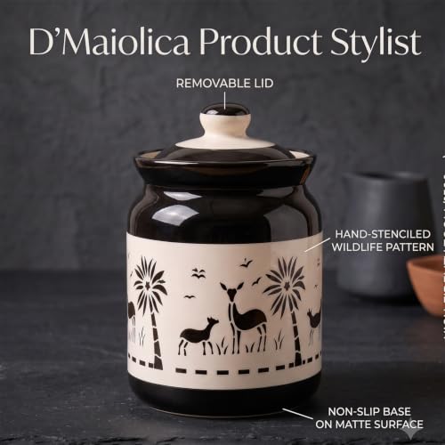 Image of D'Maiolica Ceramic Pickle Kitchen Jars in 1000ml | HandCrafted 1 kg Achaar Martban Barni | Ceramic Storage Containers | Jars for Achar, Spices, Salt (set of 2) (Safari Artisan Black)