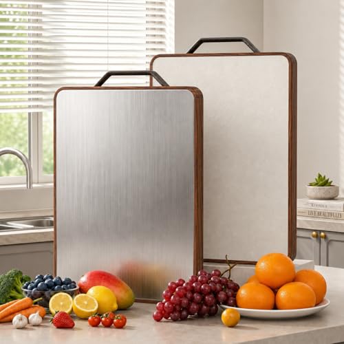Image of Herrlich Homes Large Steel Chopping Cutting Board for Kitchen | Heavy-Duty Cutting Board | Dual Side usable | Antiskid | 38 x 28 cm