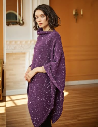 Image of BEAUTELICATE Women Wool Poncho Knitted Tweed Wool Sweater Pullover Pile Collar Cape