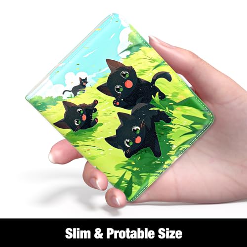 Rouidr Womens Wallet, RFID Small Slim Wallet for Women, Cute Bifold Leather Pocket Credit Card Holder Ladies Mini Purse with Zipper Coin Pocket & ID Window, Green Grass Cat2