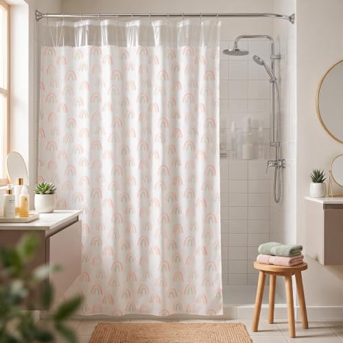 Image of Wakefit PEVA Plastic Printed Shower Curtain 7 Feet | 12 Free Hooks | No Smell, Toxin Free PEVA Plastic | Waterproof Bathroom Curtain | Curtain for Balcony | Height 7ft & Width 6ft | Rainbow
