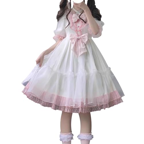 Cuteighteen Vestido kawaii Lolita de manga corta abombada para adolescentes, disfraz de fiesta de cosplay, lindo vestido de princesa hada de tul para regreso a casa, Blanco, S