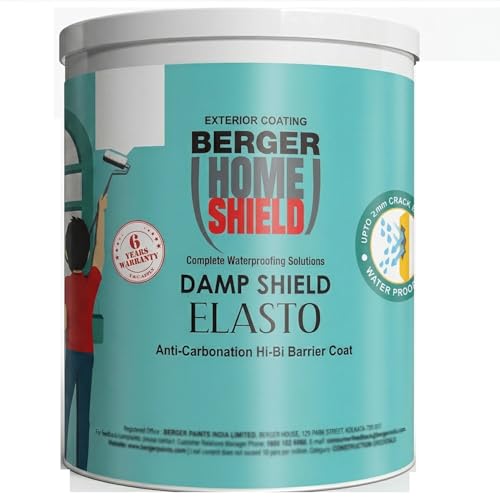 Image of BERGER HomeShield Dampstop Elasto Waterproofing Membrane Damp Proof Basecoat for Exterior Walls Self Priming Anti-Carbonation Solution (1L, White)