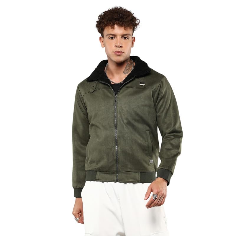 Image of CAHOOT Men's Army Green Fur-Lined Suede Bomber Jacket For Casual Wear | High Neck | Long Sleeve | Zipper Closure | Jacket Crafted With Comfort Wear For Everyday Wear