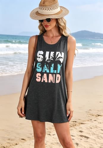 Image of Summer Tank Dress for Women Sunset Palm Tree Beach Vacation Cover Up