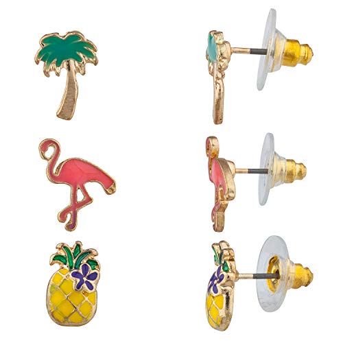 Lux Accessories Gold Tone Tropical Tree Pink Flamingo Yellow Pineapple Earrings - Main Image