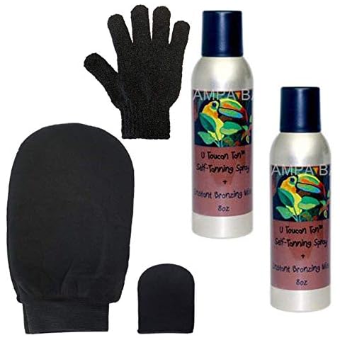 Tampa Bay Tan U Tou Can Tan Self Tanning Spraytan Aerosol Dark Unscented 2-8 oz cans with Leakproof Applicater Mitt (black set) Cover