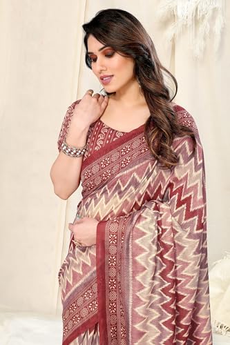 Image of MIRCHI FASHION Women Saree Ajrakh Digital Printed Cotton Blend | Lightweight Professional Office Sari with Blouse Fabric