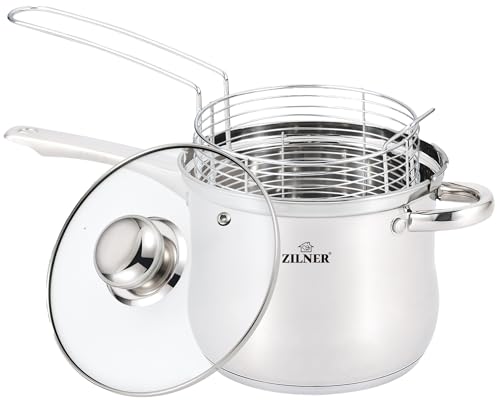 Zilner Topf mit Sieb - Frittiertopf - Edelstahl - mit Frittierkorb und Glasdeckel - - für alle Herdarten - Silber