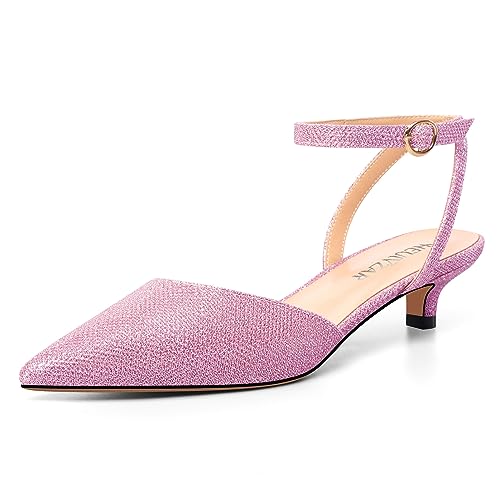 HEUIVZAR Femmes Bas Kitten Talon Heel Paillettes Pointu Bout Slingback Lanières Cheville Escarpins Mariage Boucle Sandales 3.5 CM Heels Rose 40 EU