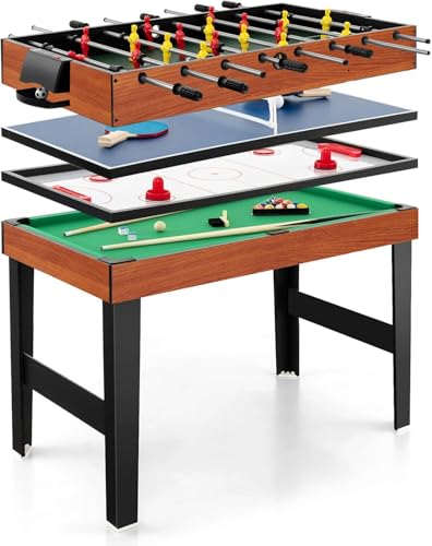 COSTWAY 4 en 1 Table de Baby-Foot avec Billard & Hockey & Tennis, Table Multijeux Empilable avec Marqueur Manuel, Jouet d'arcade pour Fête Bar Salle de Jeux,...
