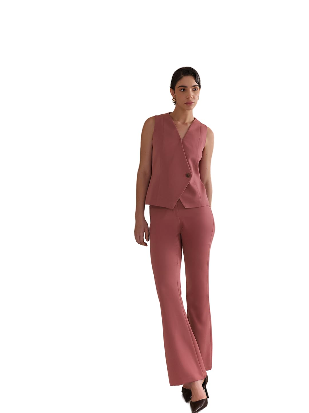 Women Formal Co-Ord Set | Waistcoat with V-Neck & Sleeveless Design | Flared Trousers with High-Rise Fit | Smooth Polyester Blend for Business Casual & Office Wear