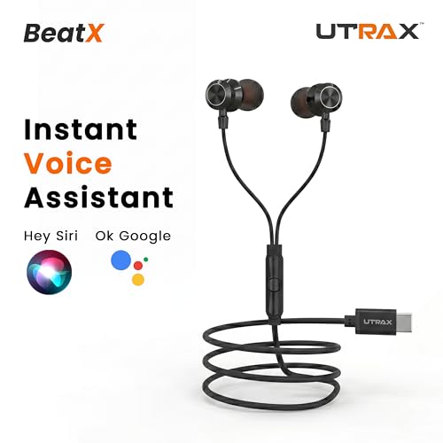 Image of UTRAX BeatX Type-C Wired Earphones with Mic | 14.2mm Driver, High Bass Stereo Sound | Magnetic Metal Earbuds | 1.2M TPE Anti-Tangle Cable | USB-C Earphones for Android Devices | Black