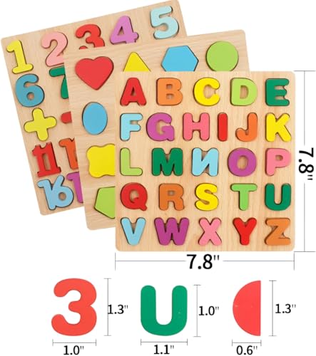 Image of Kids Wooden Puzzle Learning Toy with ABC Alphabets Numbers & Shapes, 3D Matching Activity Board for Toddlers, Montessori Educational Game for Preschool Learning, Hand Eye Coordination